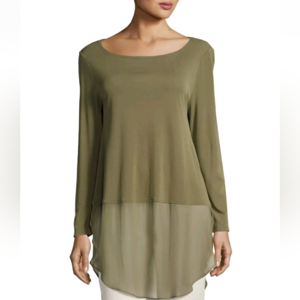 Eileen Fisher Olive Green Long Sleeve Silk Jersey Tunic Layer Top Sz S Petite
